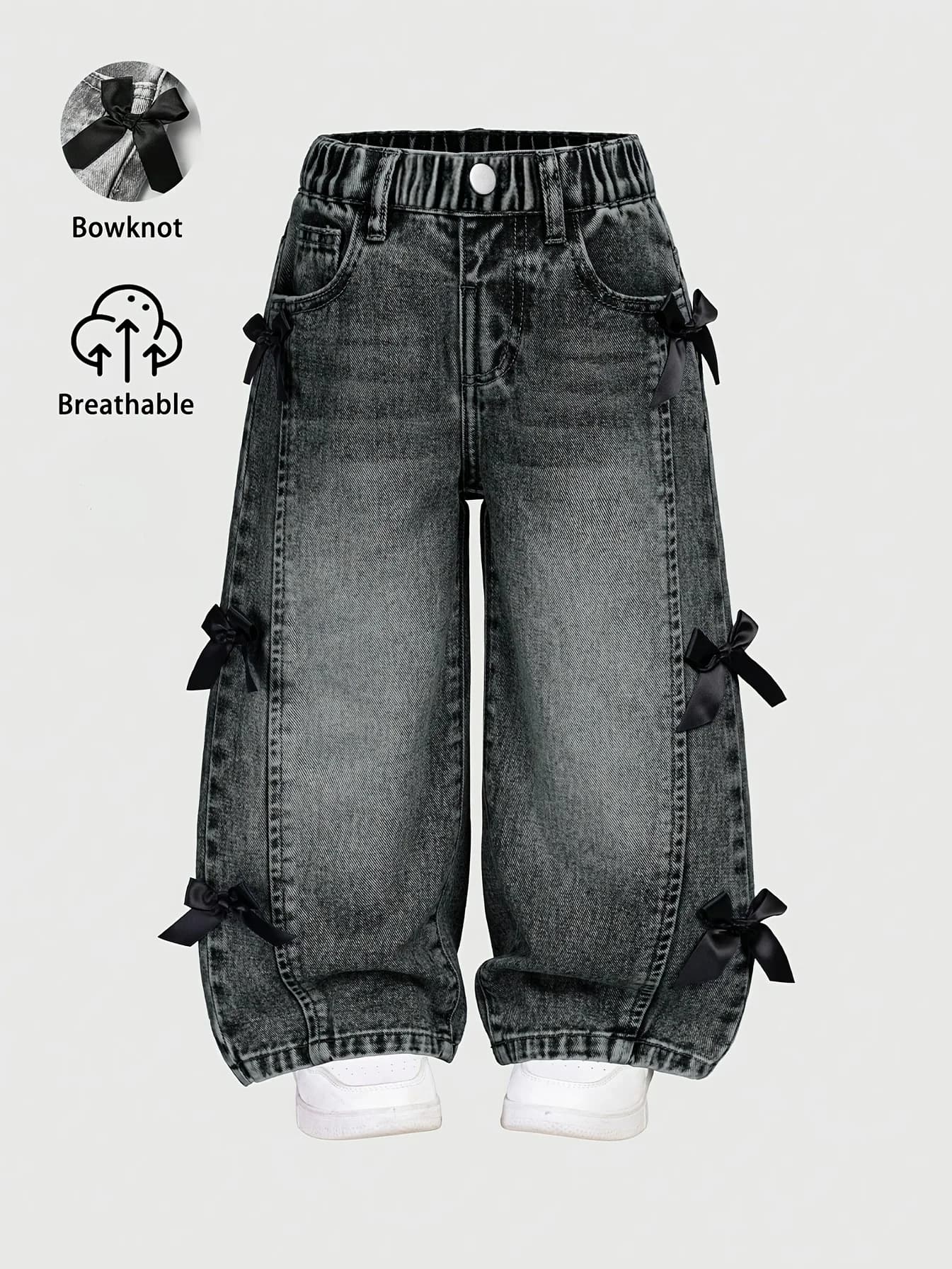 Y2K Pantaloni in denim a gamba larga per ragazze Nodo a farfalla nero decorato Versatile e confortevole per la cintura elastica completa quotidiana