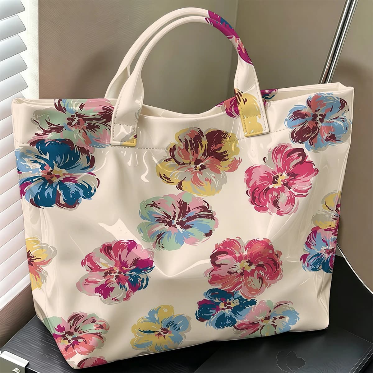 Colorful Floral Splash Stylish Large Glossy PVC Tote Bag Washable Waterproof Durable Ideal for Travel Commute Cosmetics Handbags