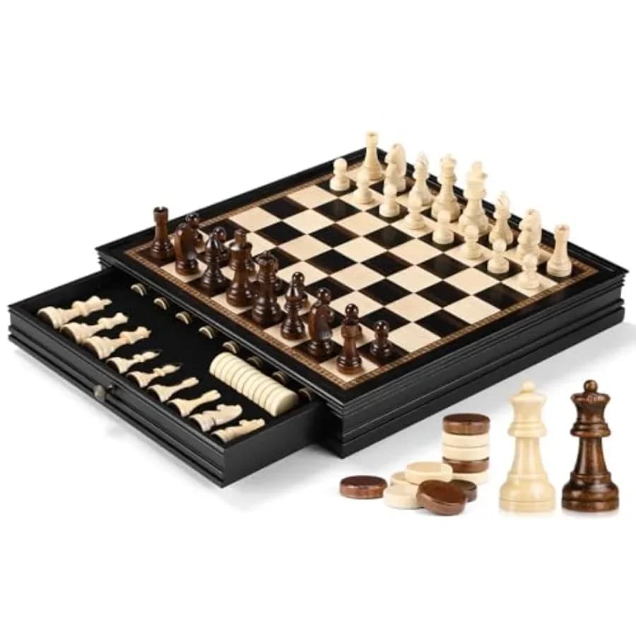 Set di scacchi e dama magnetici per casa e viaggio, tavola in legno con finitura naturale, pezzi classici bianchi e neri, robusti.