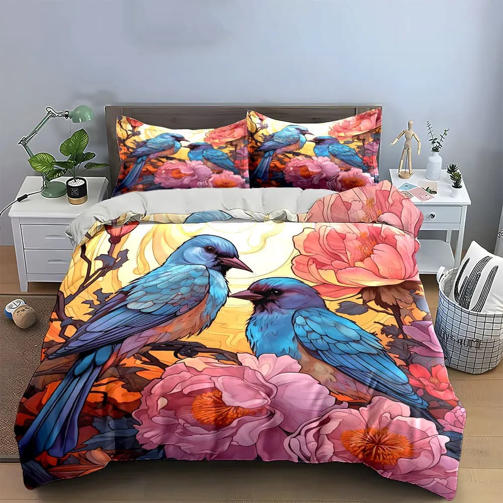 Set di biancheria da letto con decorazioni floreali e uccelli, con 1 copripiumino e 2 federe, singolo, matrimoniale, king, queen, regalo