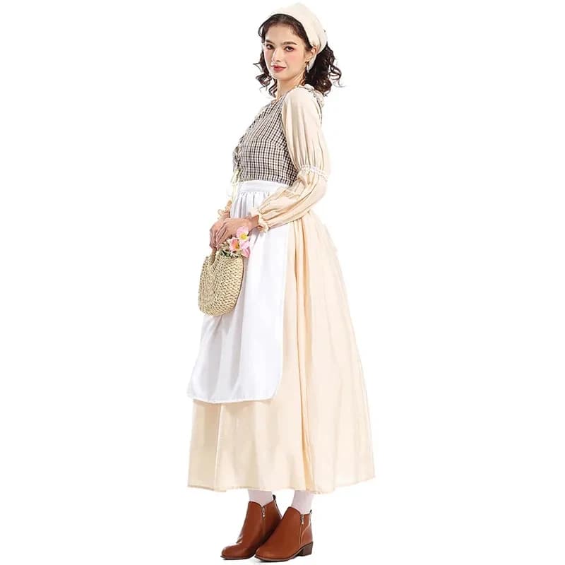 KKL3Adult Women Festival Part Prairie Colonial Apricot Plaid Dresses k15[[