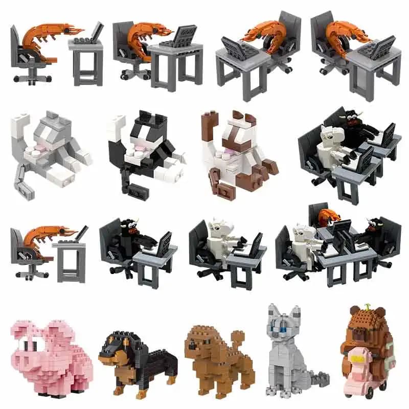 Set di Blocchi da Costruzione Creativi a Forma di Gamberetto, Mucca, Cavallo, Ornamento da Scrivania, Giocattolo Animale, Regalo