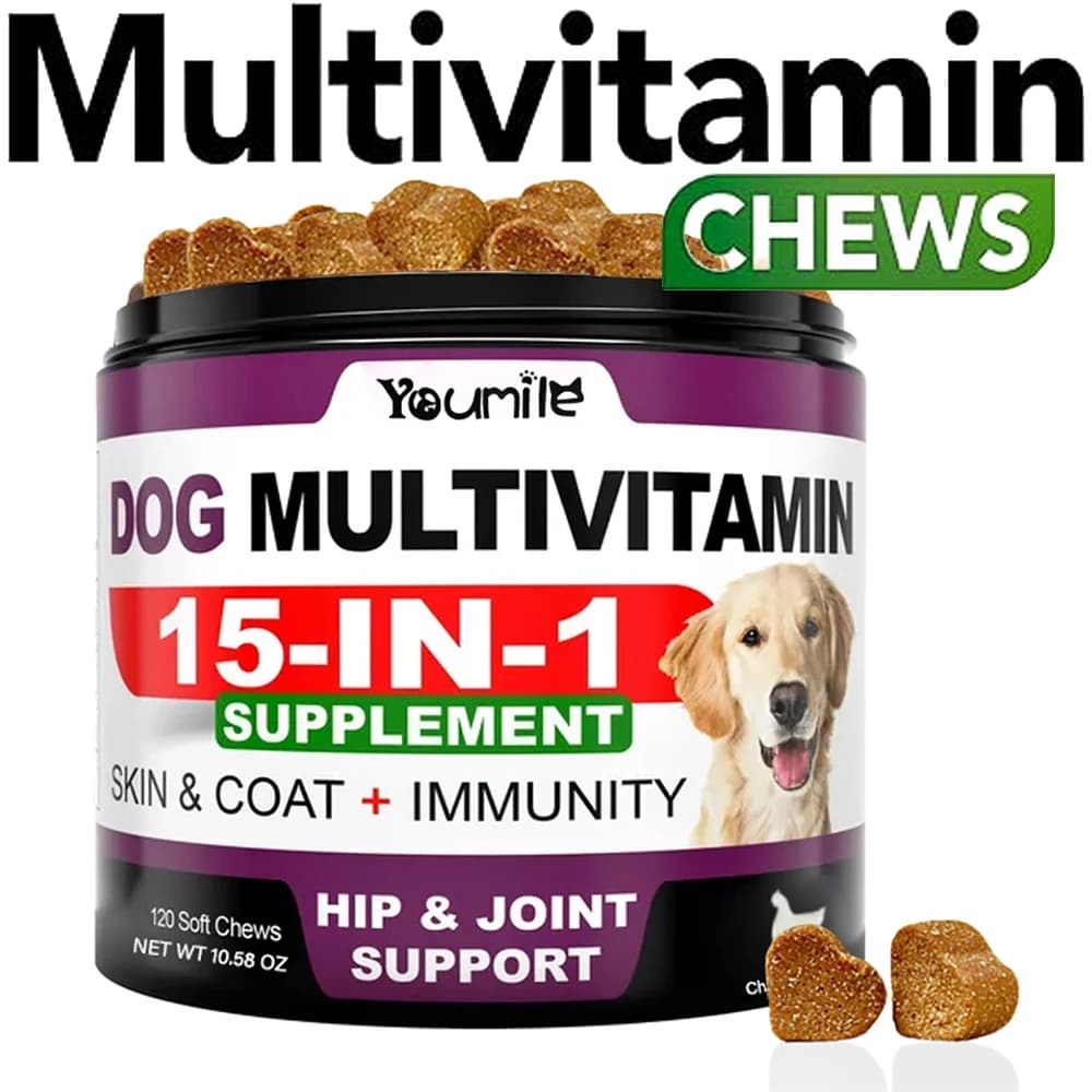 Integratore Multivitaminico per Cani Anziani e Cuccioli, Gusto Pollo, Compresse Masticabili per Articolazioni, Immunità, Mobilità, Energia, Intestino e Pelle
