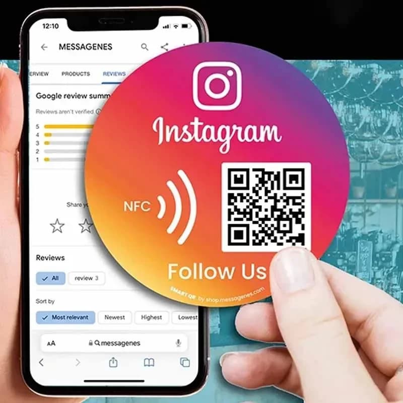 Segnaletica personalizzata per social business Segnaletica NFC Tap Segui negli Stati Uniti sul codice QR Instagram Segno di revisione Google Scheda Facebook per negozio