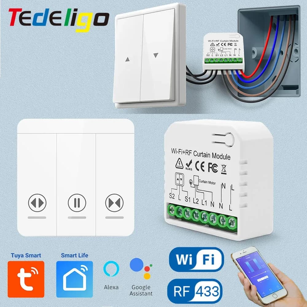 Tedeligo WiFi RF Smart Curtain Switch Module,Smart Home Roller Shutter Controller per Garage interruttore a parete Wireless, Ale