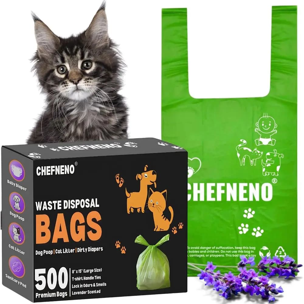Sacchetti Biodegradabili per Lettiera di Gatti e Escrementi di Cani, Profumati alla Lavanda, 500 Pezzi con Manici Facili da Legare