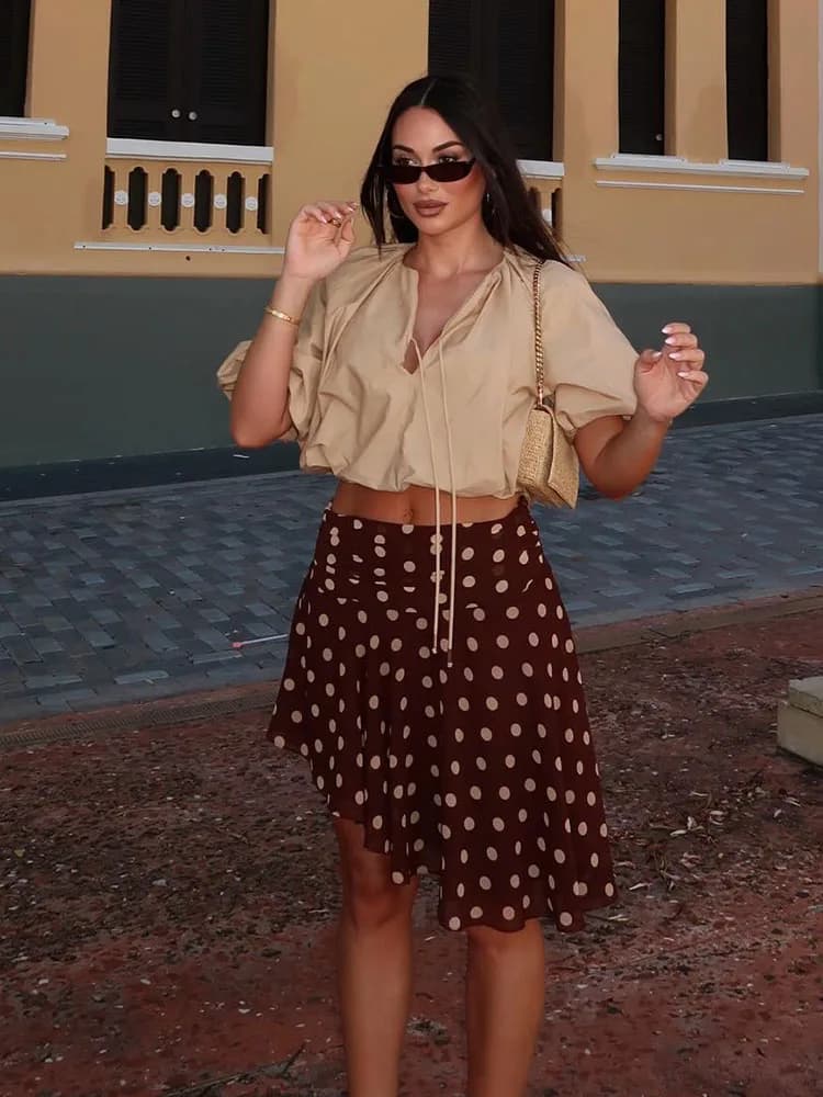 Gonna da donna HH 2026 estiva a vita alta, casual, slim, elegante, versatile, marrone a pois con orlo asimmetrico