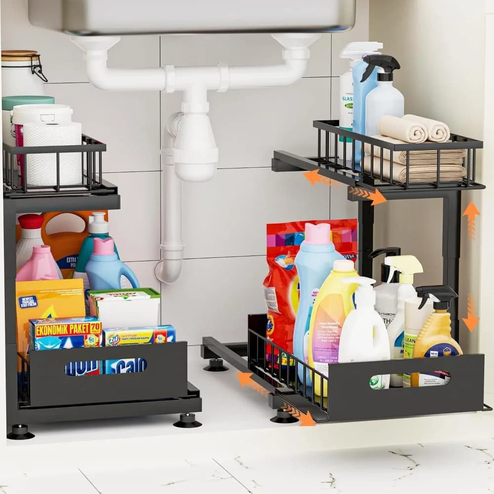 Scaffale Estraibile Regolabile in Altezza per Sotto Lavello, Organizzatore Multiuso per Cucina e Bagno, Set da 2 Pezzi