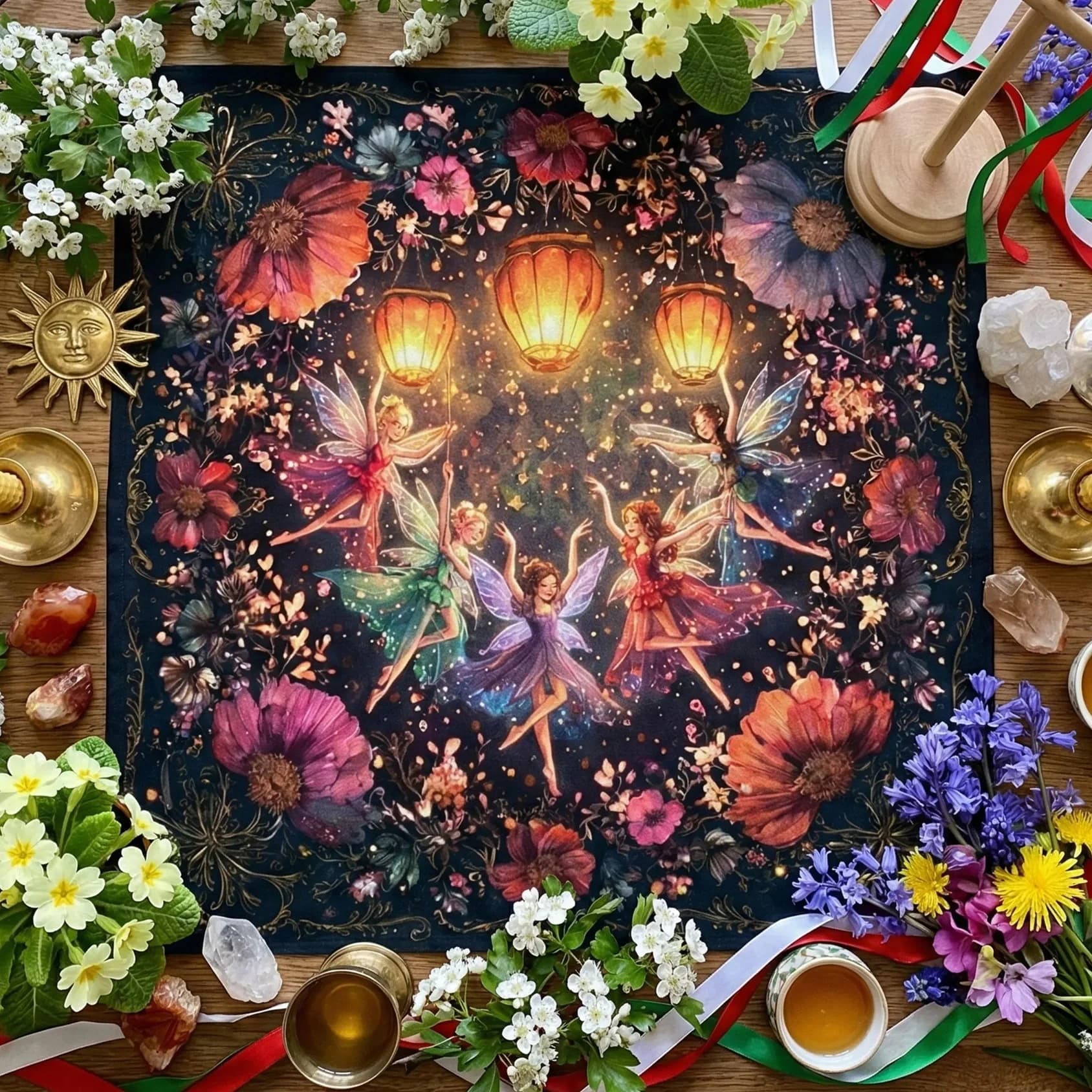 1 pz Telo per Altare Lanterna delle Fate, Arazzo Floreale Stile Strega, Tappetino Rituale Pagano Wiccan, Telo per Lettura Tarocchi, Stampa Piatta