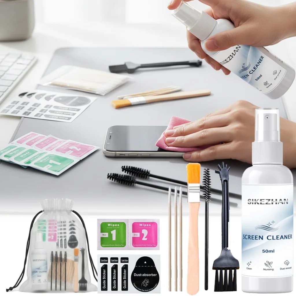 Kit for cleaning phone screen and tablet 50 ml, spray + wet/stain wipes + dust removal stickers + brushes + pads, antistatic, light shine