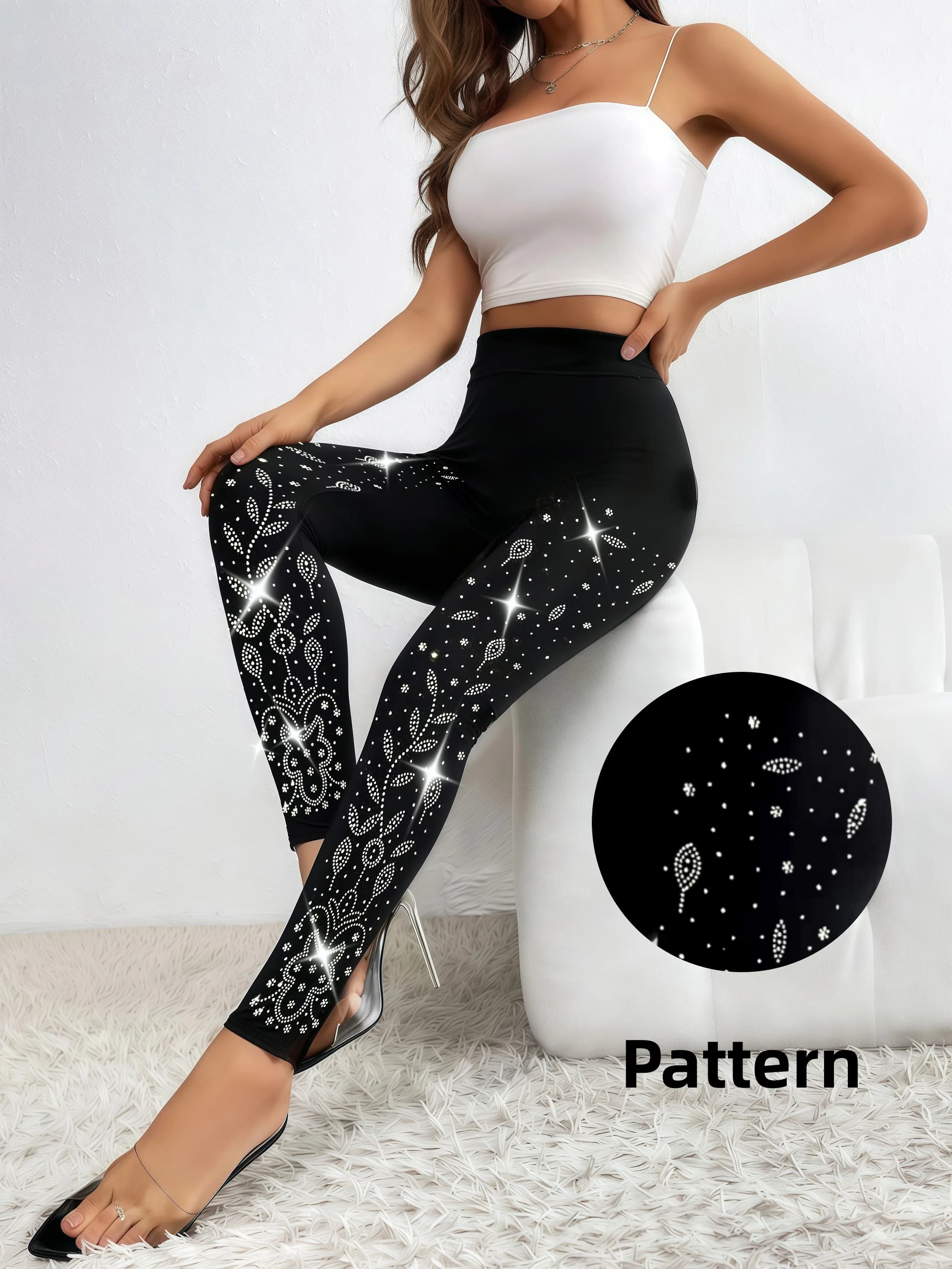 Leggings da donna con strass a forma di fiore, pantaloni elasticizzati a vita alta con strass lucidi, slim fit, lunghi fino alla caviglia, perfetti per lo shopping.