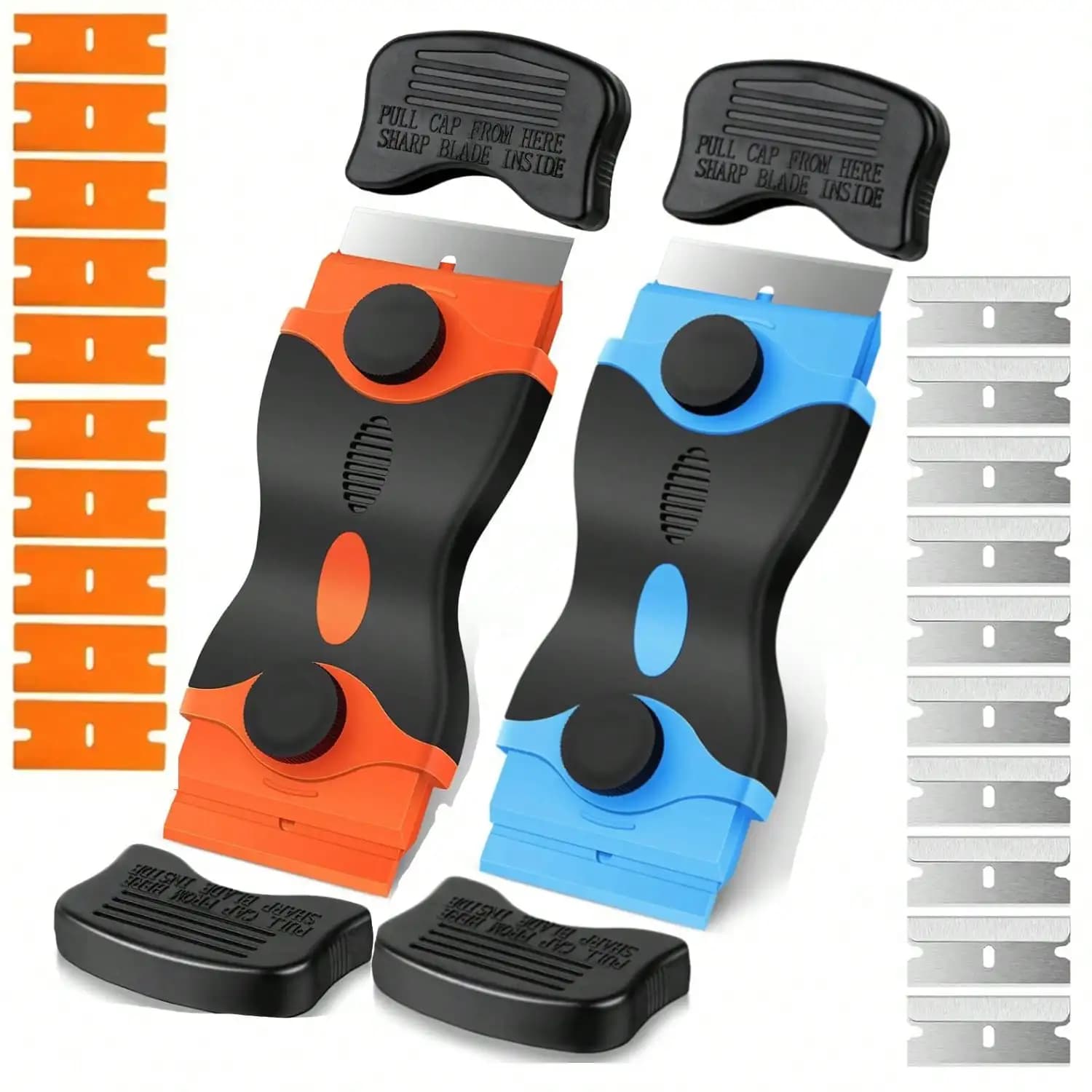 2Packs Razor Blade Scraper For Cleaning,2-In-1 Scraper Tool With 10Pcs Plastic Blades And 9Pcs Metal Blades, Multi-Purpose Cleaning Razor Scraper For Decals, Stickers, Labels, Caulk, Adhesive, Paint Removal