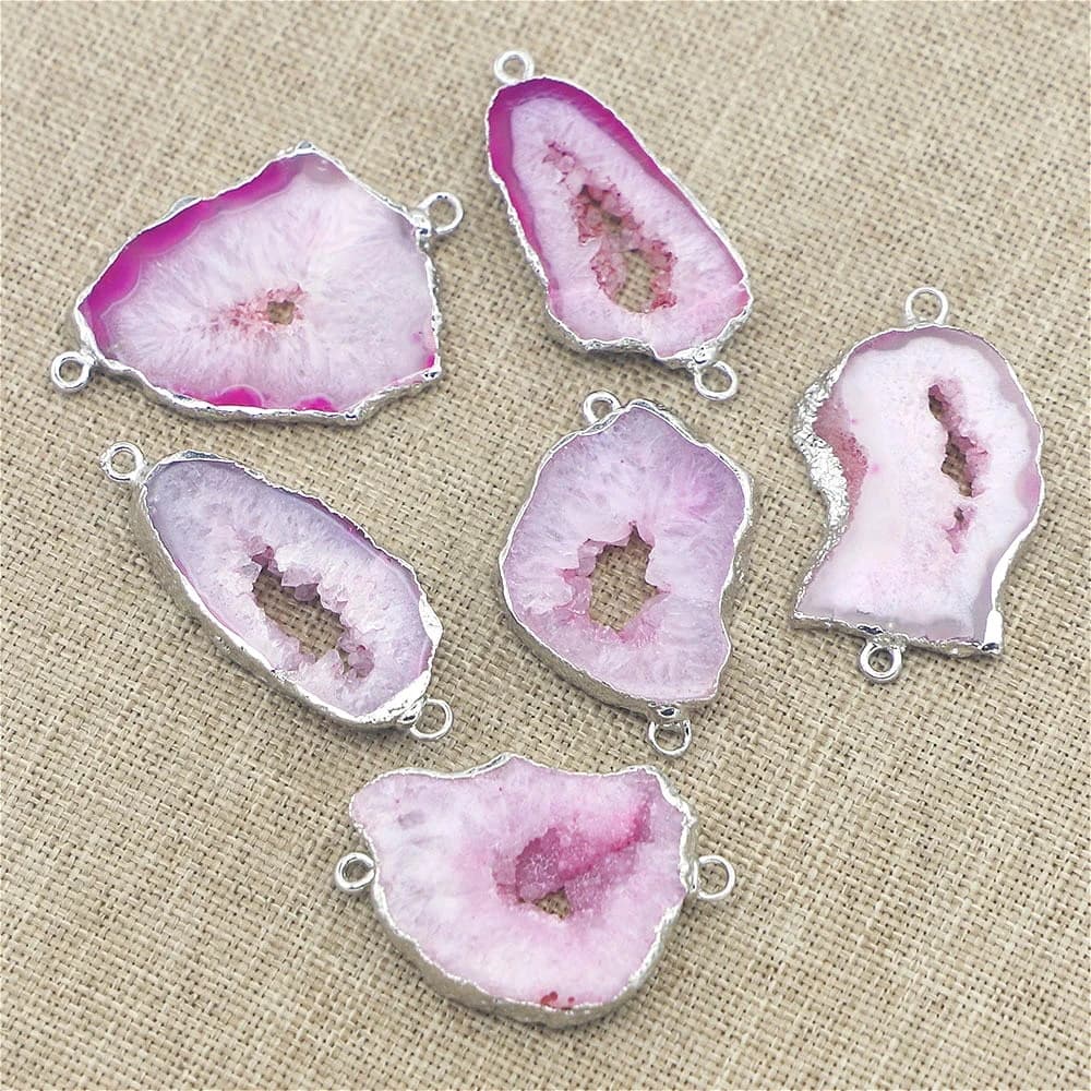 1 Pezzo Connettore in Agata Rosa Naturale, Ciondoli Irregolari con Bordo Placcato Argento, Accessorio Fai-da-Te per Orecchini e Collane