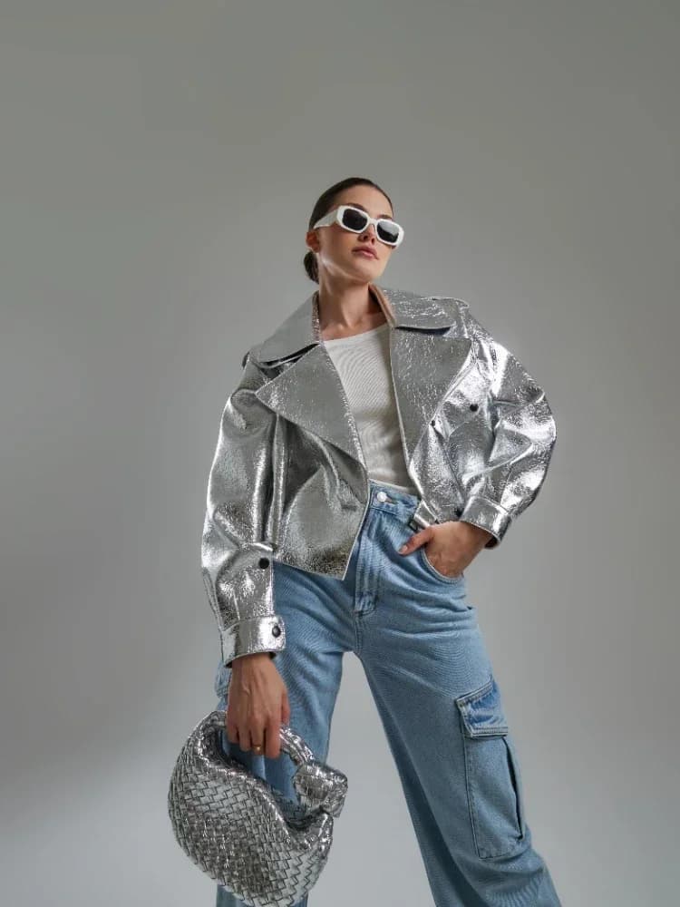 Giacche in finta pelle oversize argento da donna cappotti autunnali invernali larghi giacca da moto streetwear in pelle PU da donna