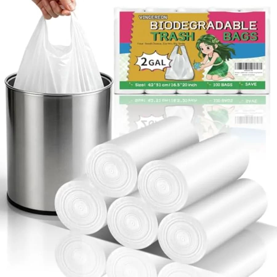 2 Gallon Small Trash-Bag Bathroom - White With Handles Biodegradable Mini Garbage Bags 100 Count Unscented Little Wastebasket L