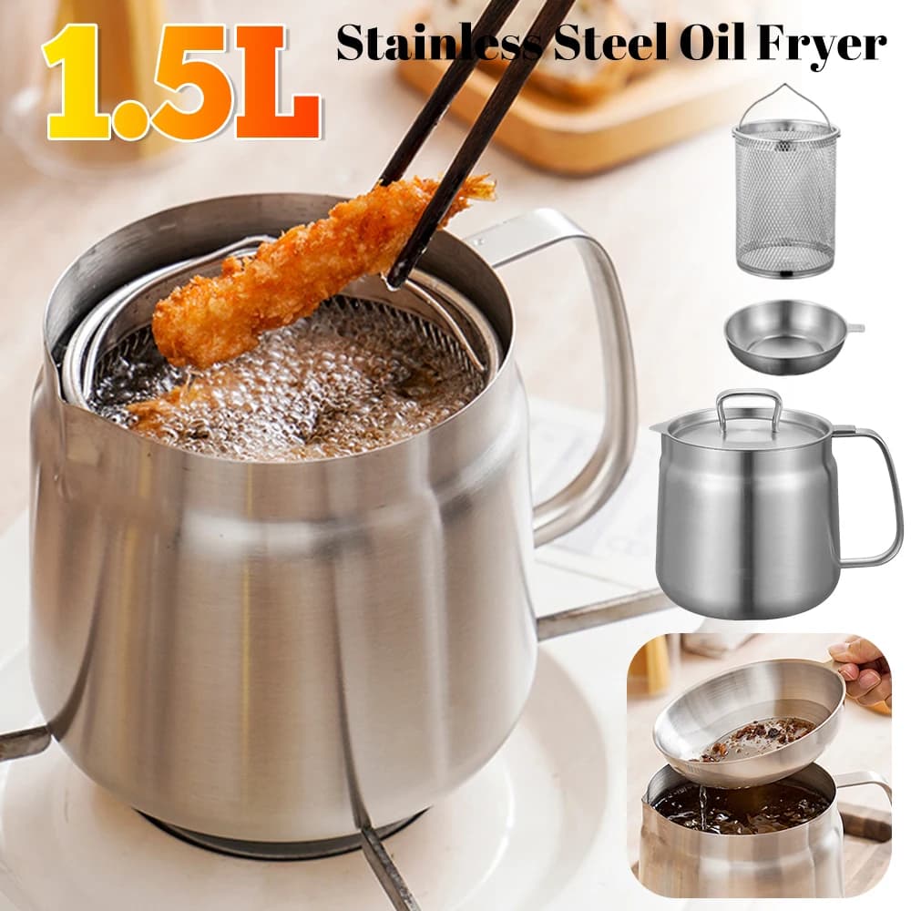 1.5L Deep Frying Pot in Stainless Steel 304, Multifunctional Tank with Fine Knit Filter and Sealed Cover Anti-Srip