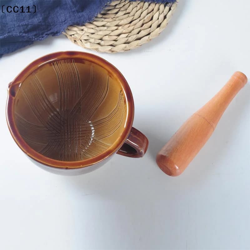 Ceramic Mortar And Pestle Set With Natural Wood Pestle Non Slip Base Perfect For Kitchen Grinding Spices Herbs Garlic〔CC11〕
