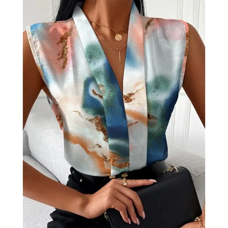 Nuove camicie da ufficio da donna Summer Lady senza maniche con scollo a v stampa elegante camicetta da donna Top Streetwear abbigliamento femminile