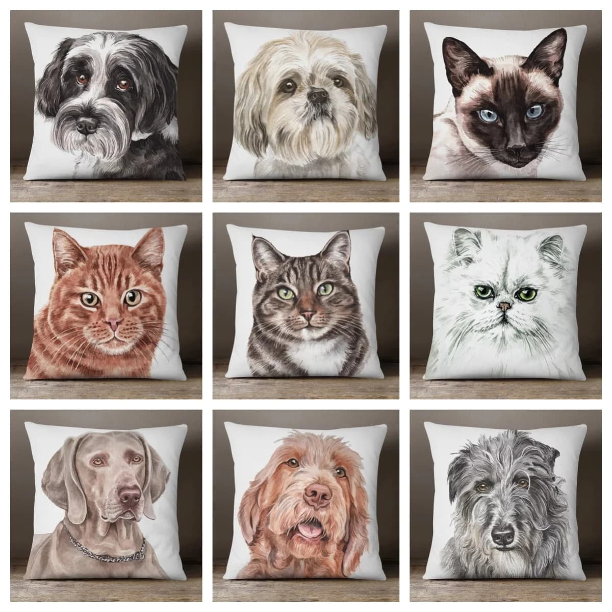 1 pz Federa per Cuscino con Ritratto Realistico di Gatto e Cane, Stampa 2D Fronte-Retro in Poliestere, Arte Acquerello con Razze di Animali Domestici, per Amanti degli Animali Domestici, Casa e Auto