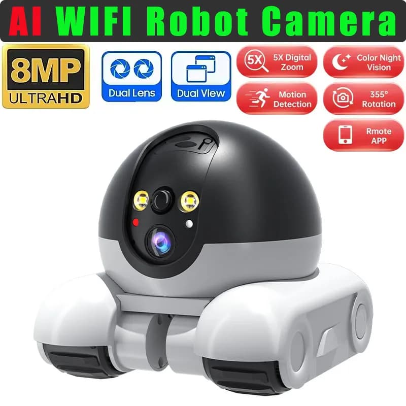 Telecamera IP 8MP HD1080p con Doppia Lente e App, per Gatti/Cani, Rilevamento AI a Colori, Sicurezza Domestica, Monitoraggio Bambini