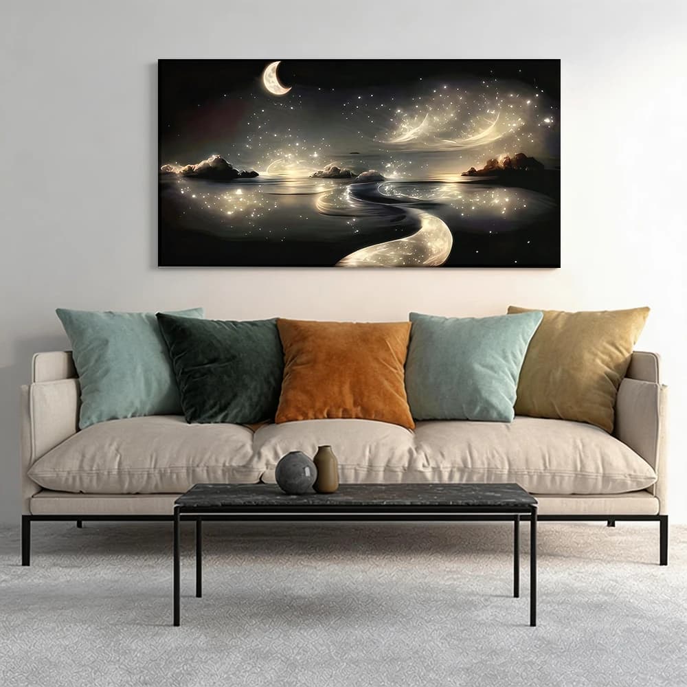 Painted on canvas with large wooden frame, 1 piece, Moon, stars, quiet water.