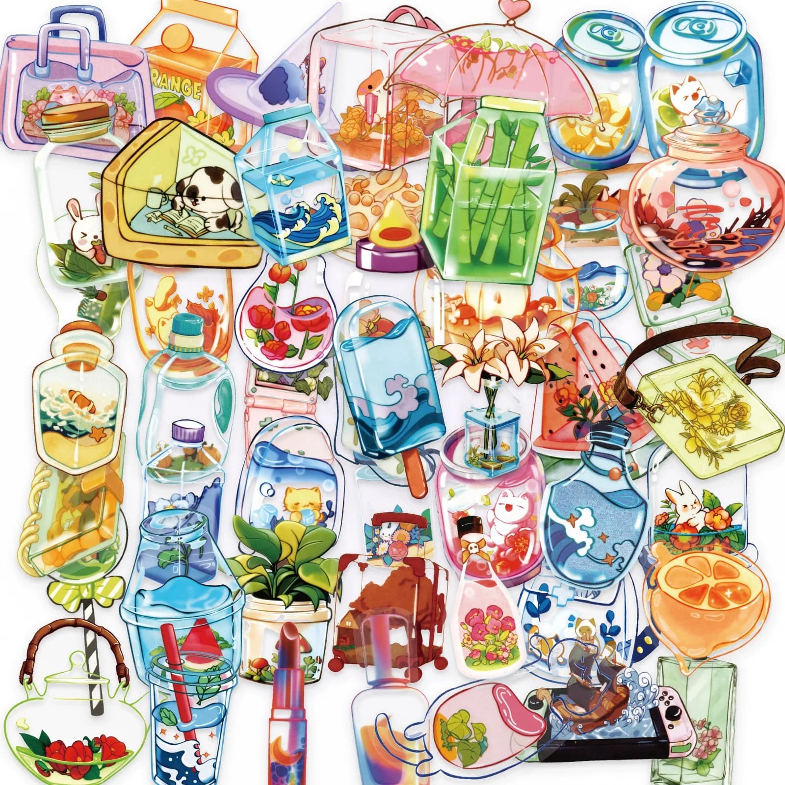 50/100 Pezzi Adesivi Trasparenti HD con Cartoni Animati nel Mondo in Bottiglia, Impermeabili, per Scrapbook Fai-da-Te, Scatole, Tazze, Cartelle e Decalcomanie