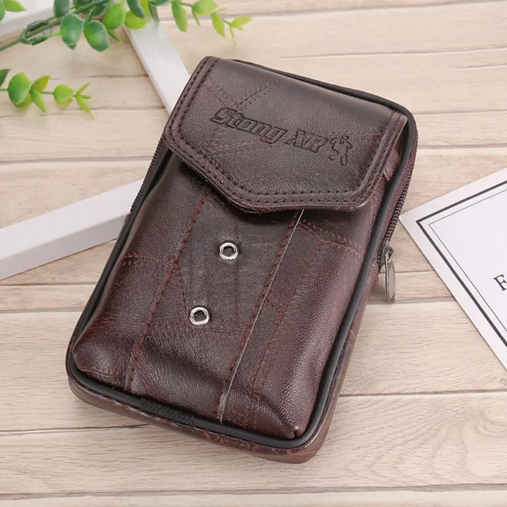 Men's Leather Large Capacity Wear Belt Waist Bag Mobile Phone Bag Belt Wallet Running Pouch Holster Case