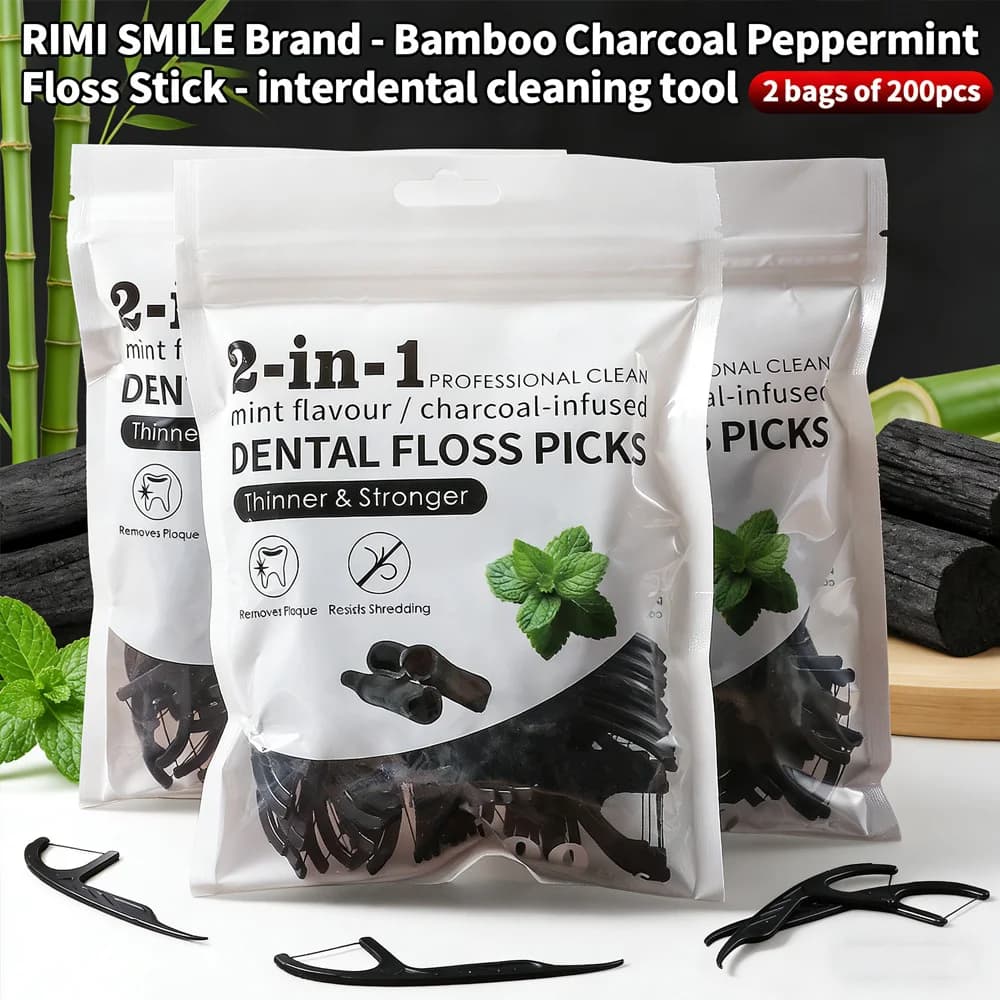 Premium Bamboo Charcoal Mint Dental Floss Picks 200PCS (2 Packs) RIMI SMILE Strong Smooth Teeth Flosser Sticks Oral Care