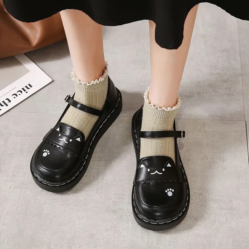 Lolita shoes for women cute Cartoon Cat Strap with heart shaped buckle Shoes Mary Jane Slim shoes in eco-leather with plateau and low heel 3 cm