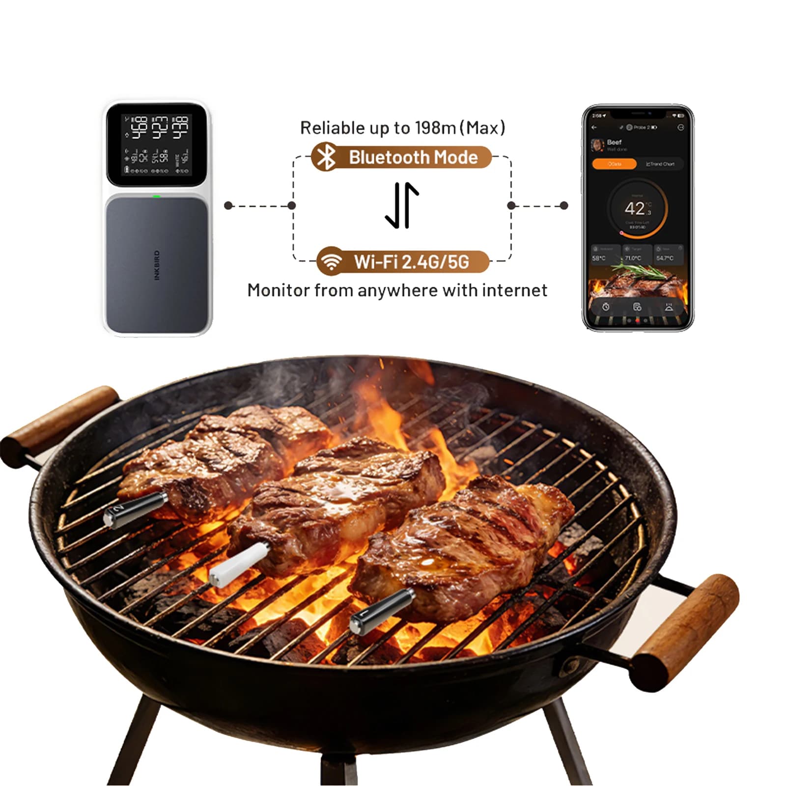 Termometro per Carne INKBIRD INT-33I-BW WiFi Bluetooth con 3 Sonde Multisensore, Calibrazione AI in Tempo Reale per Cucinare e Grigliare