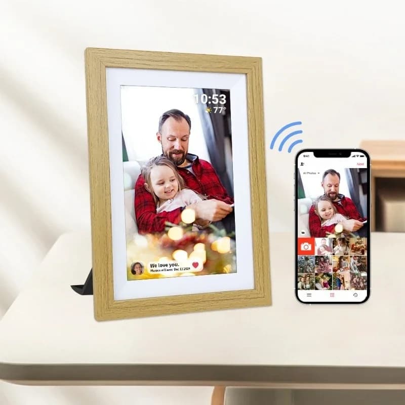 Cornice digitale WiFi con display touch screen IPS full-view da 10 pollici, cornice in legno intelligente, cornice per foto cloud.