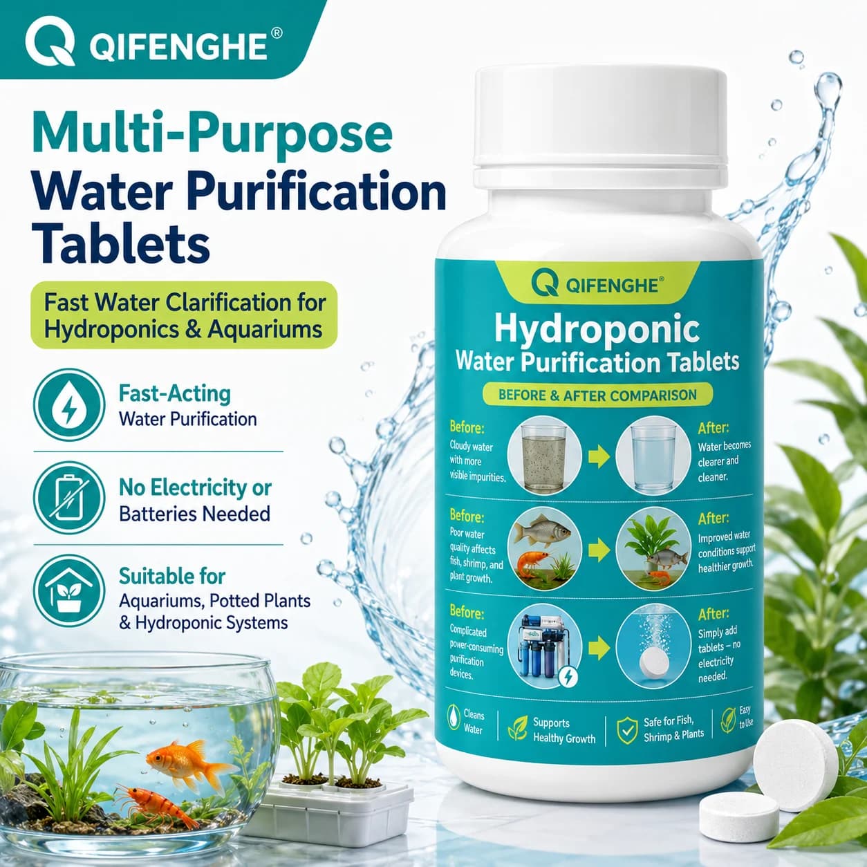 No Electricity Water Cleaner Tablets Fast Acting for Aquarium Hydroponics and Potted Plants