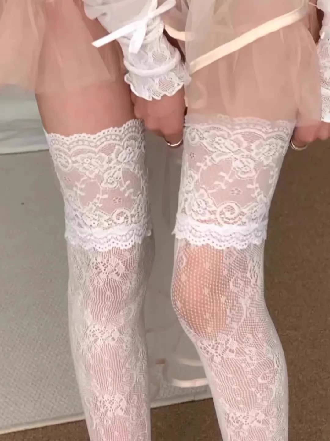 Women Flower Lace Fishnet Thigh High Stockings Japanese Style JK Girl Sweet Lace Trim Frilly Over Knee Long Socks