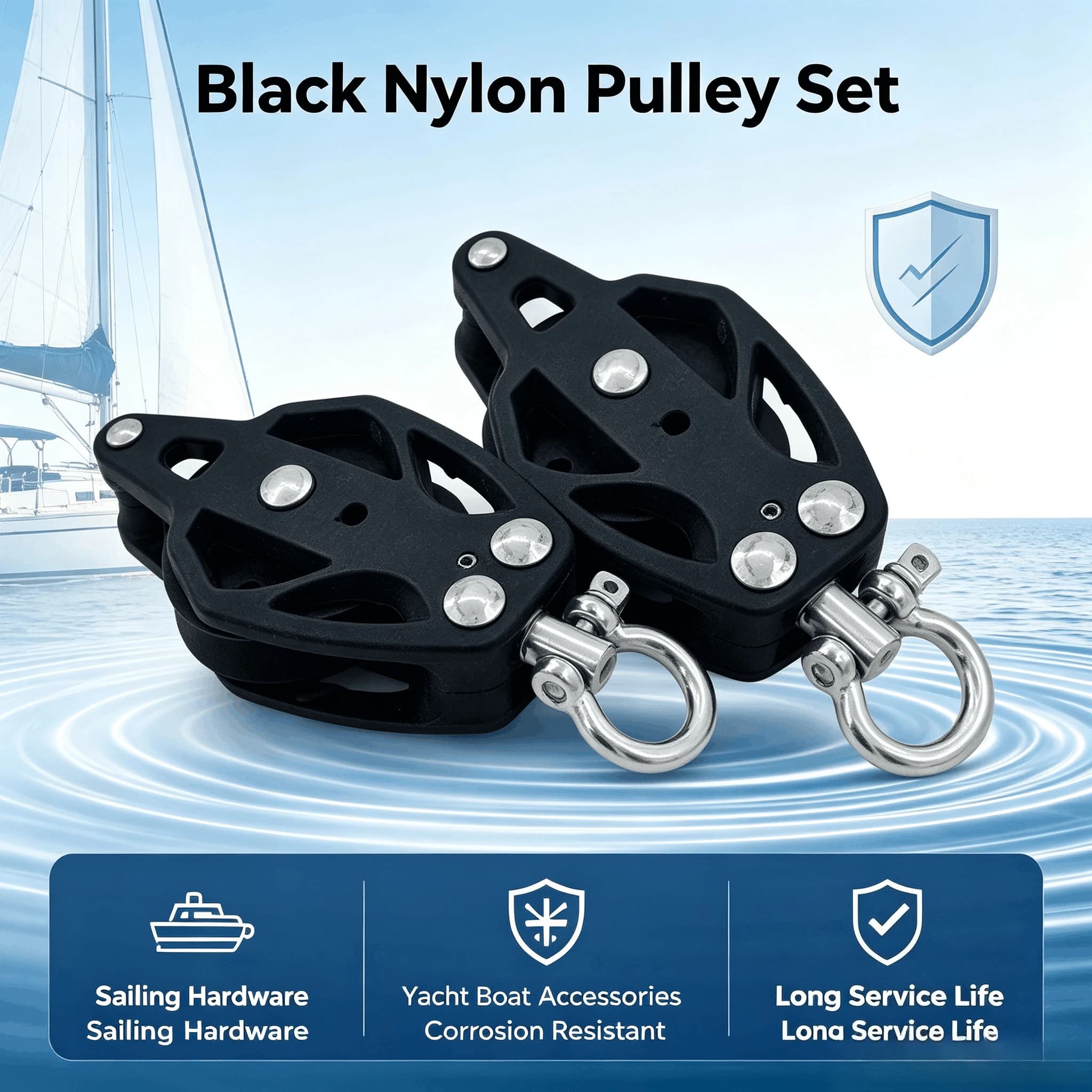 Black Nylon Pulley Block, Marine Sailboat Pulley, Rope Accessory for Yacht & Boat