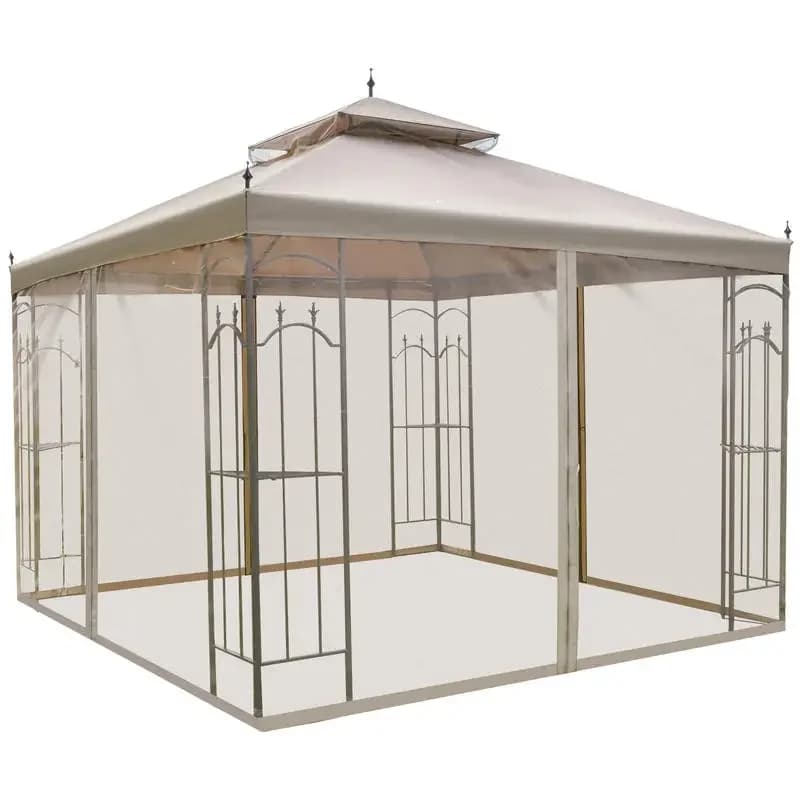 10' x 10' Steel Outdoor Patio Gazebo Canopy with Removable Mesh Curtains, Display Shelves, & Steel Frame, Brown