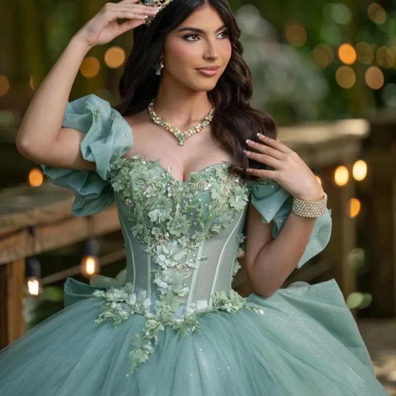Green Quinceanera Dress Glitter Crystal 3D Flower Decal Long tail Lace off-shoulder Bow Vestidos De 15 Quinceanera Customize