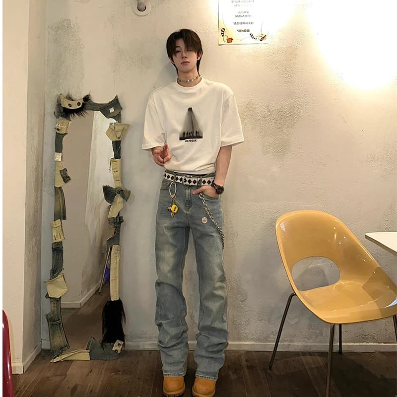Jeans da uomo Retro Blue Blade estivi sottili a gamba dritta allungata, micro svasati, stile americano casual