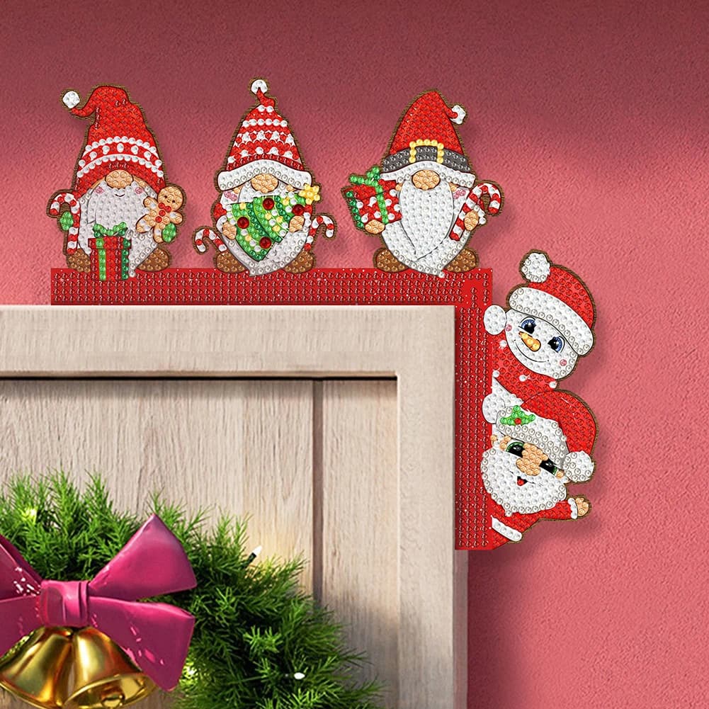 Decorazione Natalizia per Porta con Pupazzo di Neve e Gnomo, Pannello Angolare con Strass, Arte Diamantata con Renne