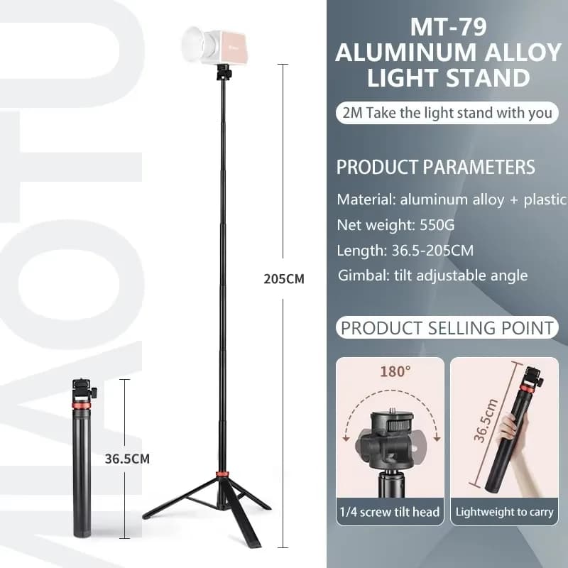 Treppiede allungabile MIAOTU MT-79 con vite da 1/4'' per treppiede per microfono con luce di riempimento per smartphone con fotocamera DSLR