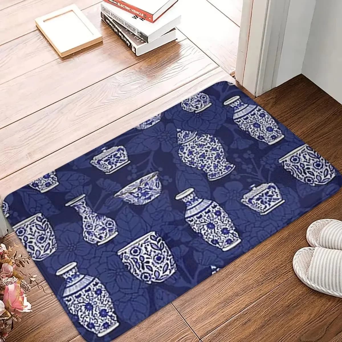 Tappetino antiscivolo in flanella con motivo in ceramica blu Delftware per l'ingresso di casa e la cucina