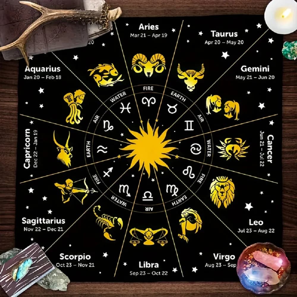 1 pz Tappetino per Tarocchi Divinazione 12 Segni Zodiacali, Telo Altare Mistico Sole Stella, Tovaglia per Tarocchi, Tappetino per Carte Oracolo Runa Stregoneria Astrologia