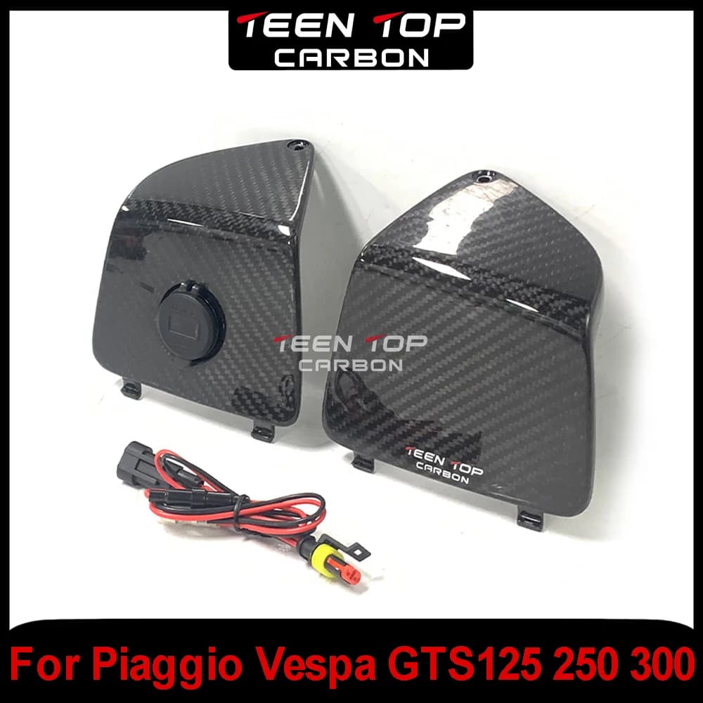 Coppia di Portaoggetti Anteriori in Vera Fibra di Carbonio per Moto Piaggio Vespa GTS 250 300 con Presa USB e Copertura Protettiva