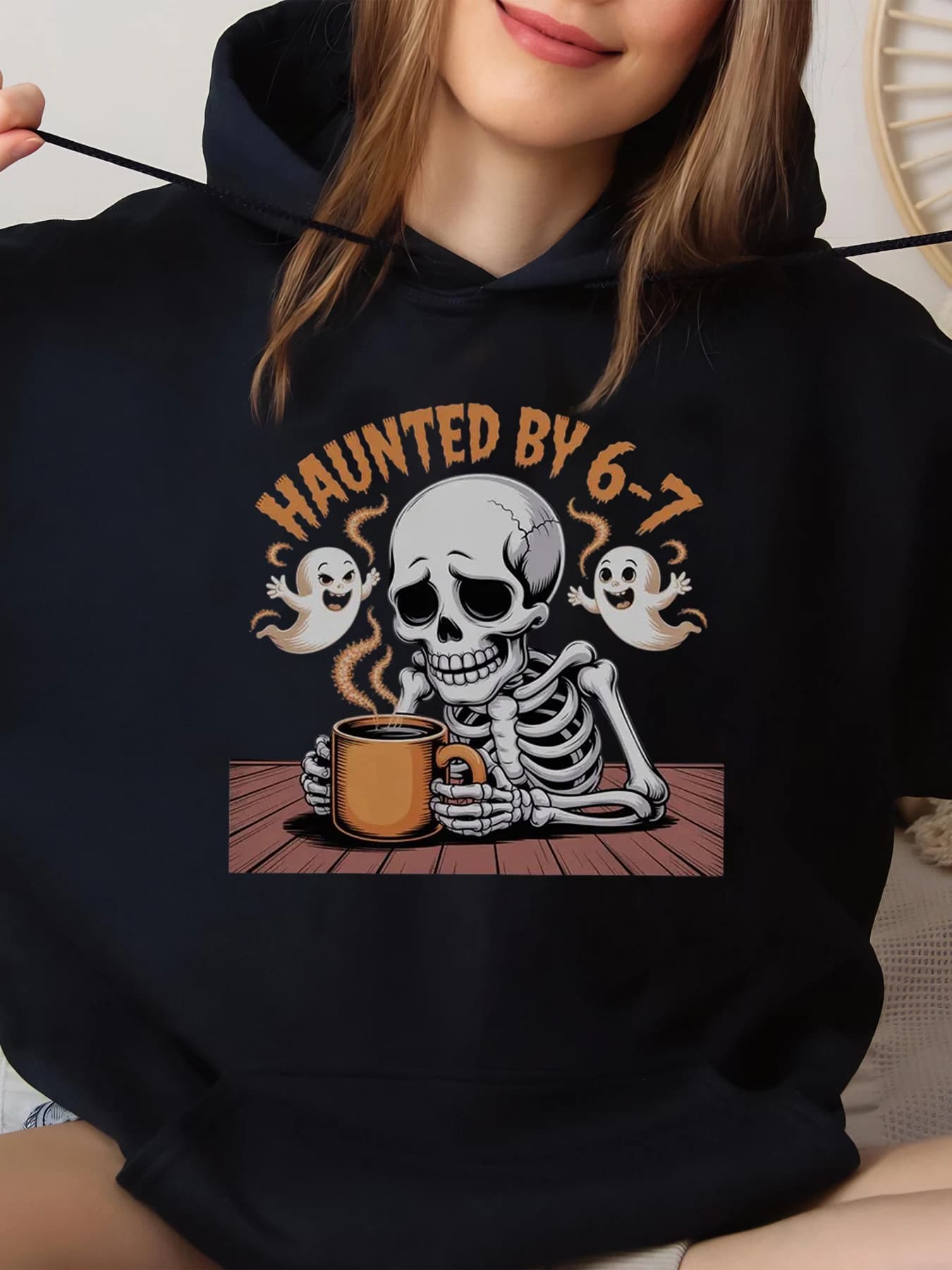 Haunted by 6-7 Skeleton Ghost Halloween Women's Hoodie Coffee Party Wear Black Size Large