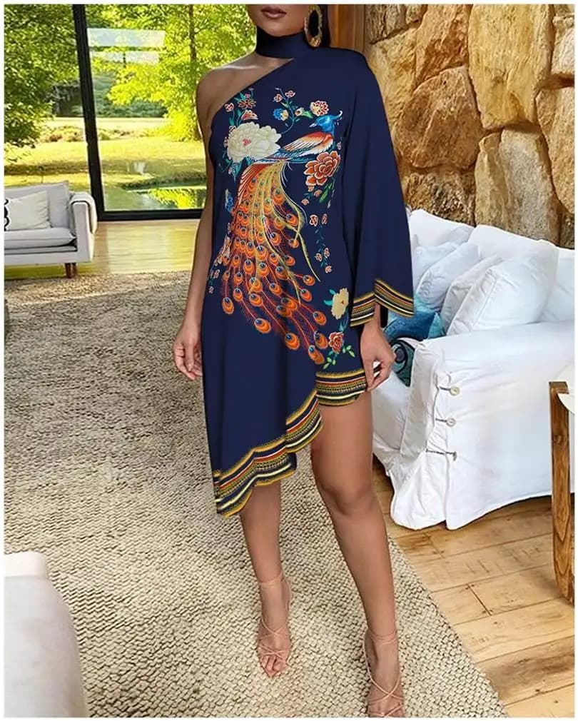 Abito Vintage Monospalla con Orlo Irregolare e Dettagli in Pizzo, Vestito T-Shirt Personalizzato con Stampa per Donne
