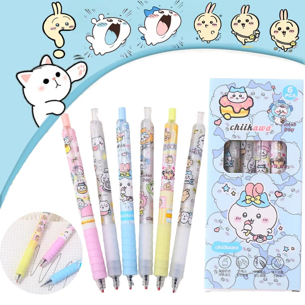 Set di 6 Penne Gel Chiikawa, Penne a Sfera Nere Kawaii, Strumenti di Scrittura per Studenti, Forniture per Scuola e Ufficio, Regalo di Cancelleria