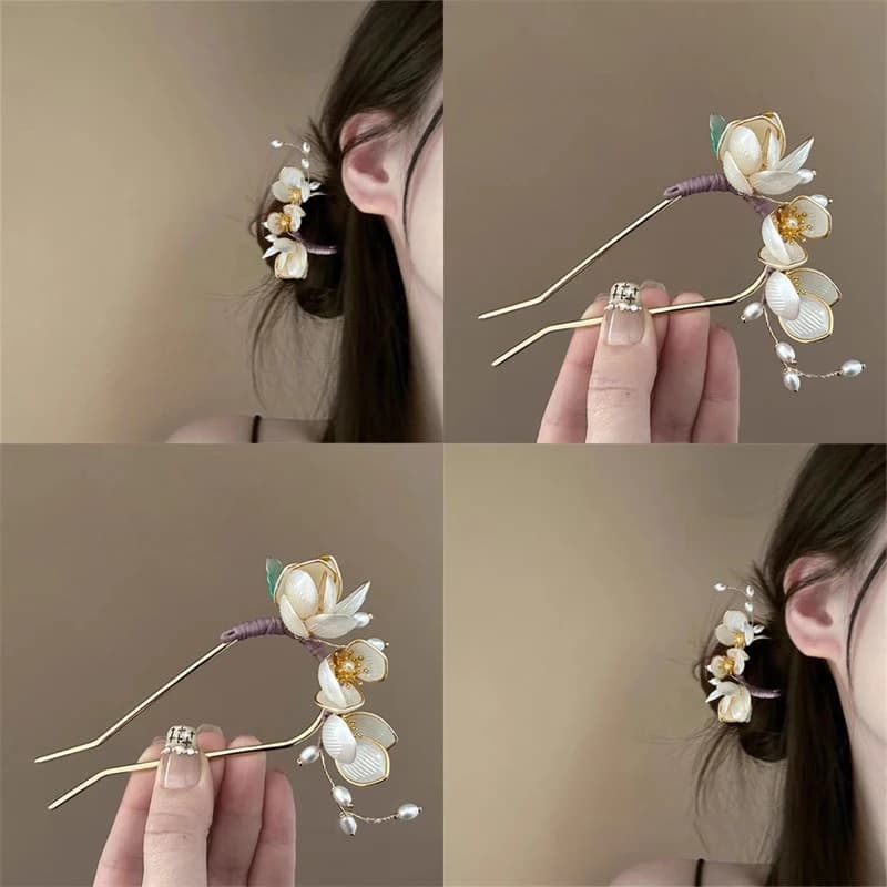 Stylish Retro Magnolia Alloy Hairpin, Party Perfect U-shaped Clip for Straight or Curly Hair