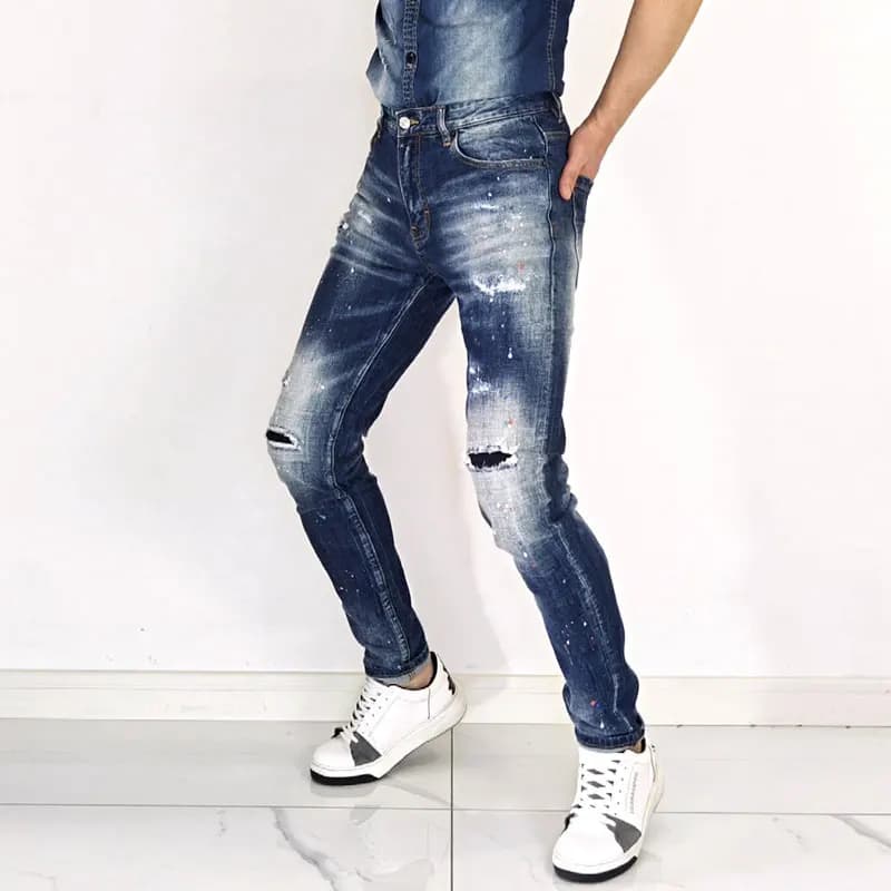 Hombre High Street Fashion Stretch Blue Jeans Nostalgic Washed Water Effect Slimming Fit with Painted Wrinkles And Scratches