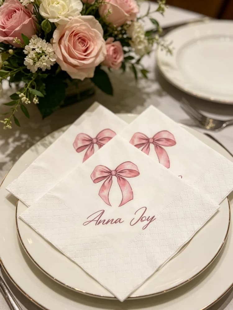 Personalized Bow Printed Baby Girl Shower Cocktail Napkins Custom Modern Font Disposable Beverage Paper Guest Towels Baby Shower