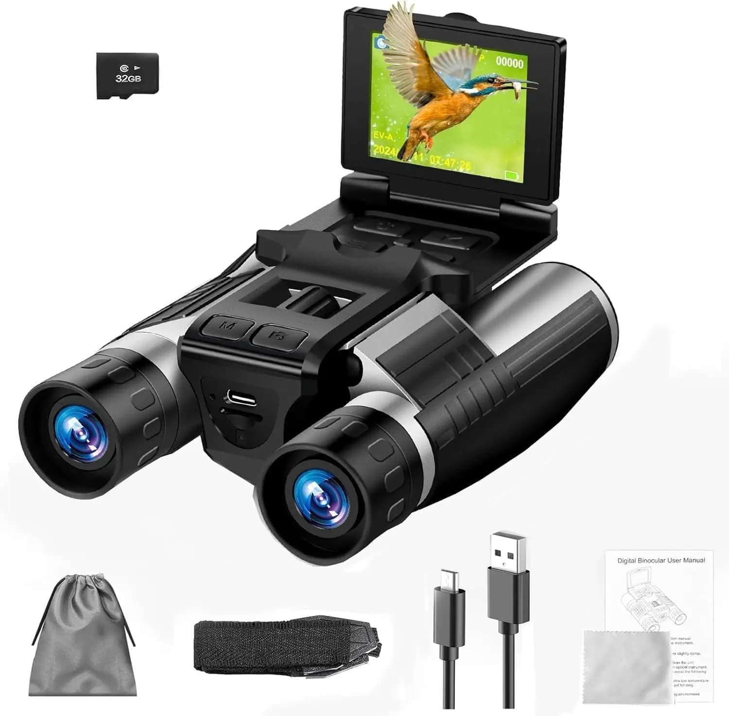Binocolo Fotocamera Digitale 2 in 1 per Adulti 12x32 HD con Display LCD da 2,4 Pollici, Registrazione Video 48MP 2.5K, Zoom Digitale 8X per Birdwatching