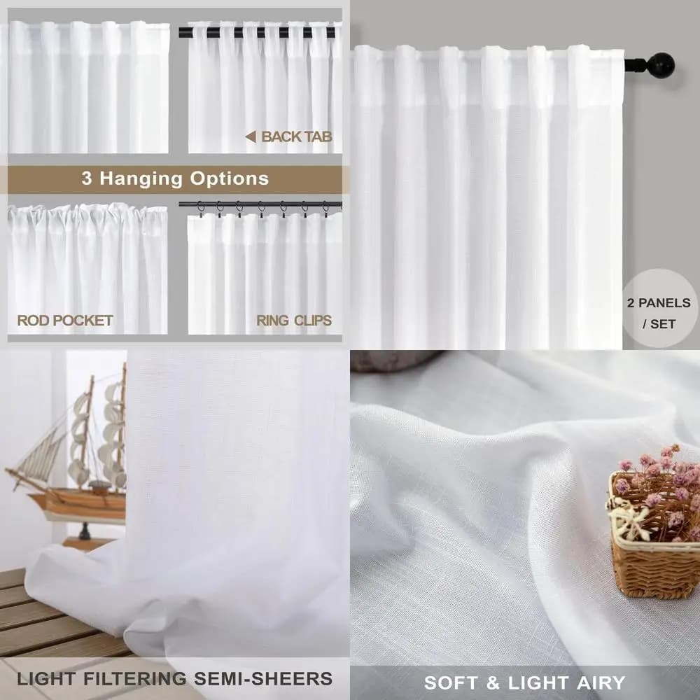 52 x 102 inch white linen curtains with back tab, semi-transparent for bedroom, vintage farm style